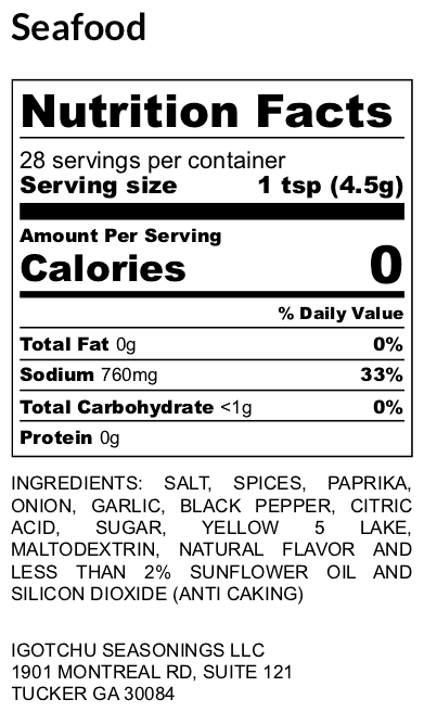Igotchu Seafood seasoning nutrition label showing ingredients and nutritional information on a white background.