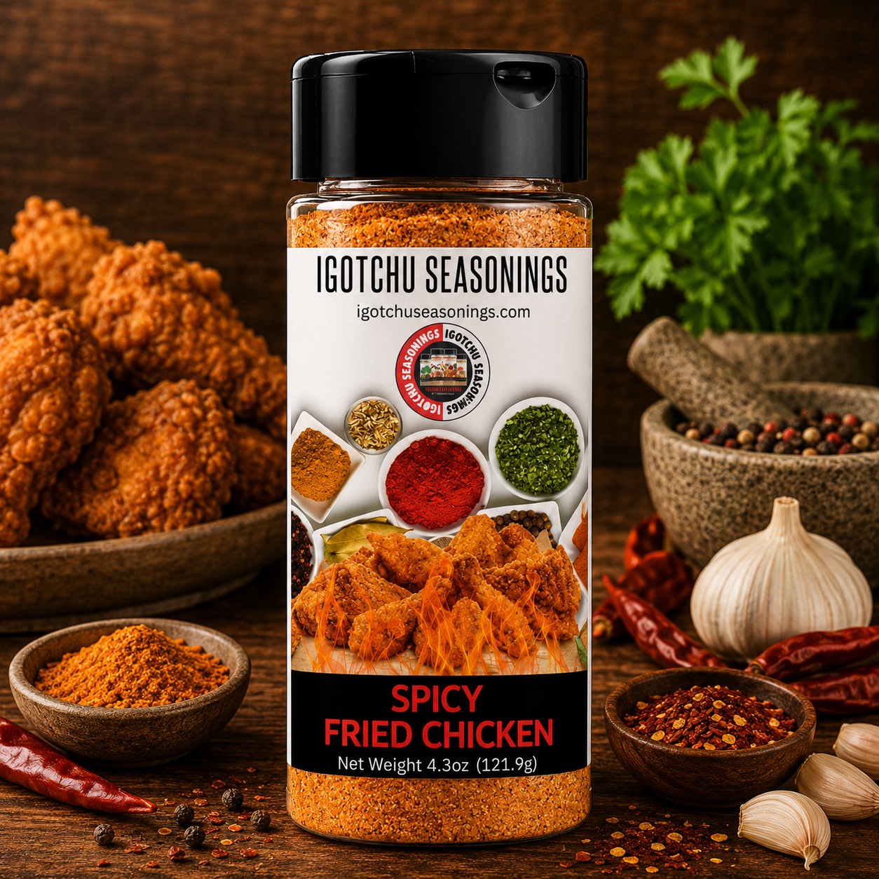 Igotchu Spicy Fried Chicken seasoning in a jar, with vibrant red and yellow label, ideal for adding spicy flavor to fried chicken.