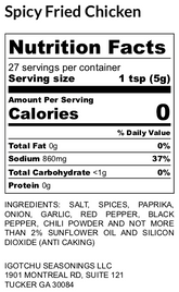 Igotchu Spicy Fried Chicken seasoning seasoning label showing ingredients and nutrition facts from Igotchu Seasonings.