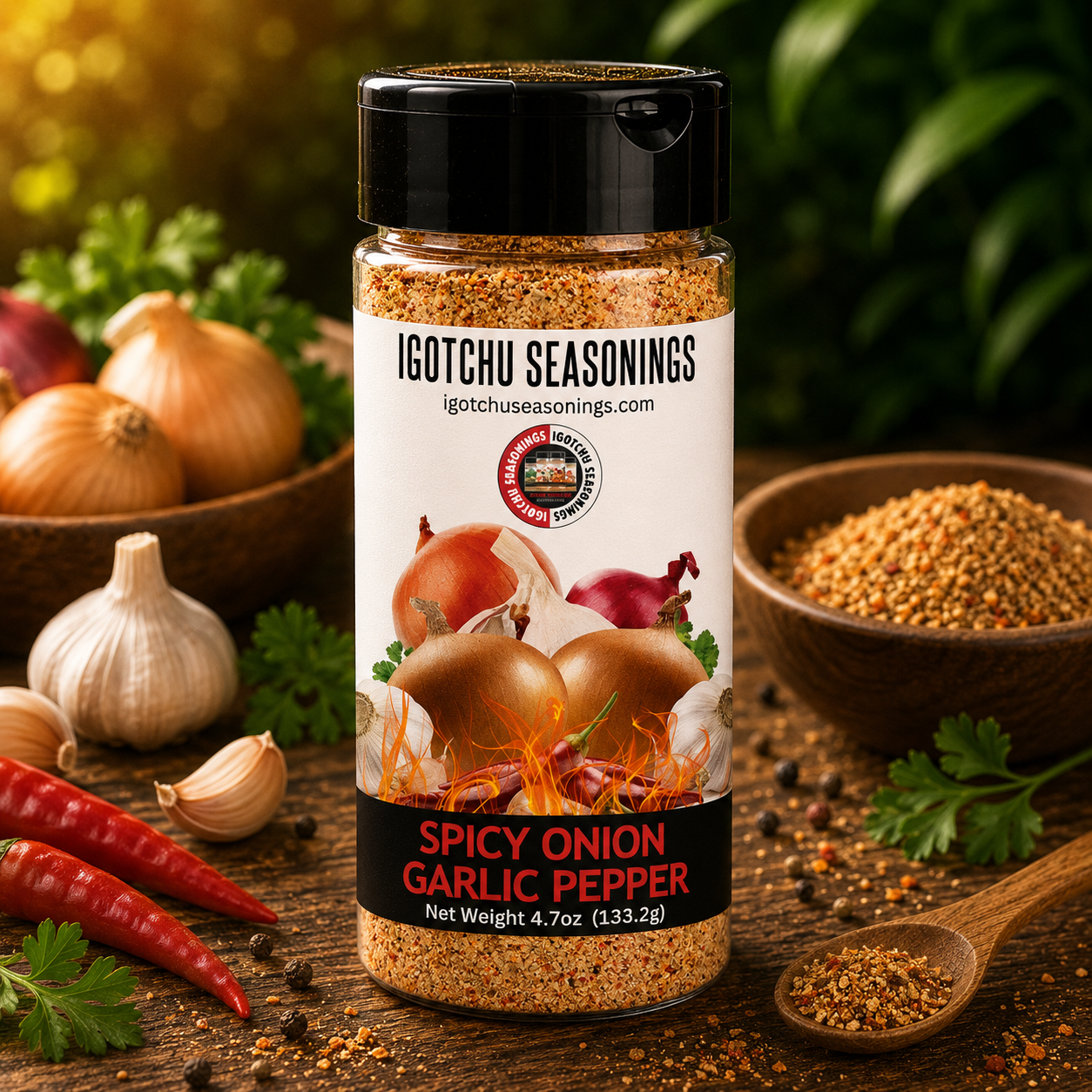 Igotchu Spicy Onion Garlic Pepper seasoning jar with vibrant label, showcasing the flavorful blend of spices and herbs.