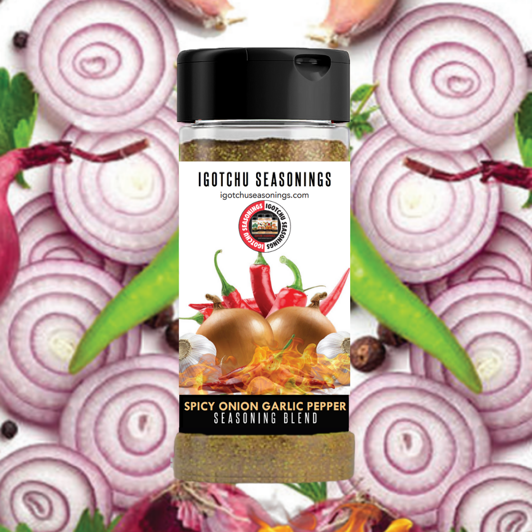 Igotchu Spicy Onion Garlic Pepper seasoning in a jar, featuring vibrant red and white spices for flavorful cooking.
