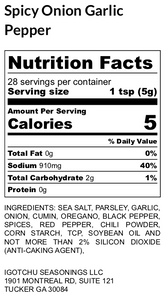 Igotchu Spicy Onion Garlic Pepper seasoning label showing ingredients and nutritional information in a clear, detailed image.