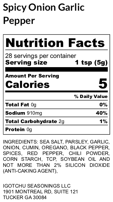 Igotchu Spicy Onion Garlic Pepper seasoning label showing ingredients and nutritional information in a clear, detailed image.