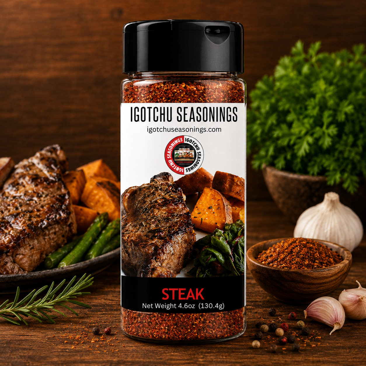 Igotchu Steak seasoning container showing a blend of spices for enhancing grilled or cooked steaks.