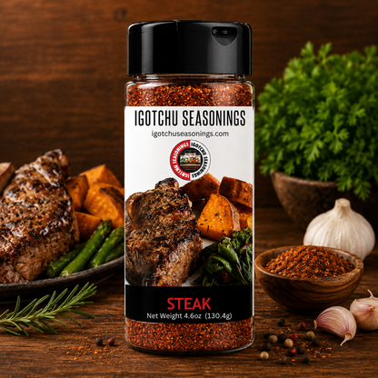 Igotchu Steak seasoning container showing a blend of spices for enhancing grilled or cooked steaks.