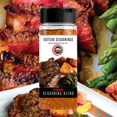Igotchu Steak Seasoning jar with spices and herbs, perfect for enhancing grilled steak flavor.