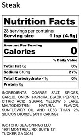 Igotchu Steak Seasoning bottle with nutrition label showing ingredients and nutritional information.