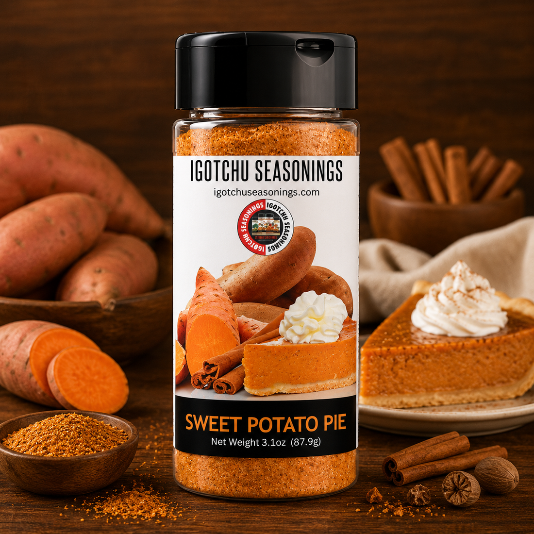 Igotchu Sweet Potato Seasoning jar with colorful label, showcasing vibrant spice blend for flavorful cooking and seasoning.