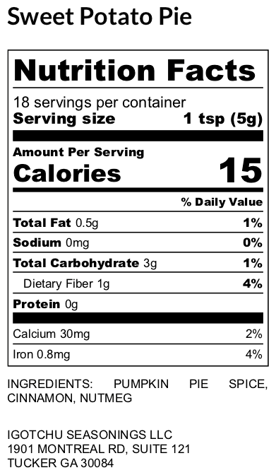 Igotchu Sweet Potato seasoning label showing nutrition facts on a white background, suitable for seasonings and spice products.