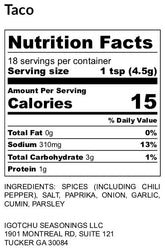 Igotchu Taco seasoning packet with nutrition label, featuring a blend of spices for flavorful taco dishes.