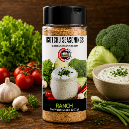 Igotchu Ranch seasoning in a jar, featuring a creamy ranch spice blend with herbs and spices, perfect for salads and snacks.