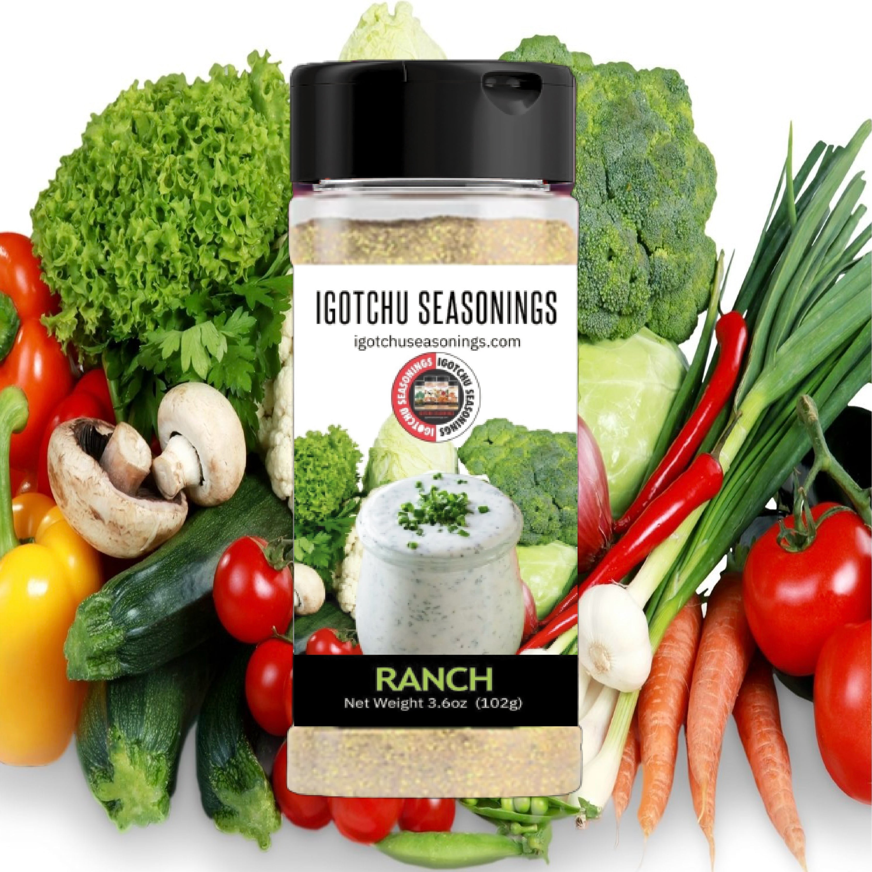 Igotchu Ranch seasoning jar with label and fresh herbs, showcasing Igotchu Seasonings&