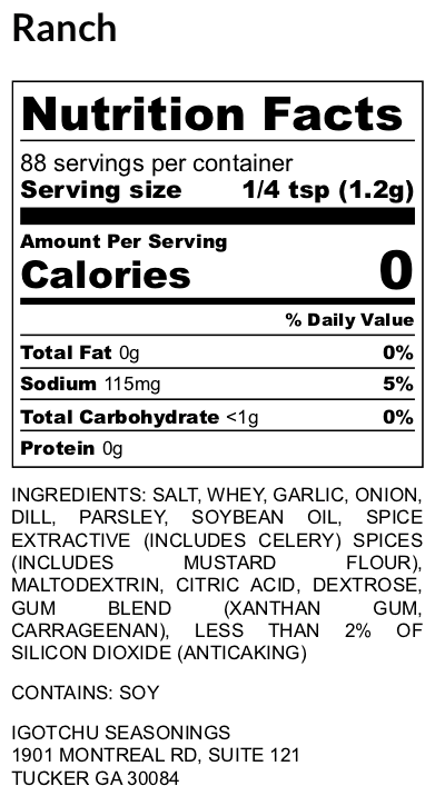 Igotchu Ranch seasoning label showing nutritional facts and ingredients on a white background.