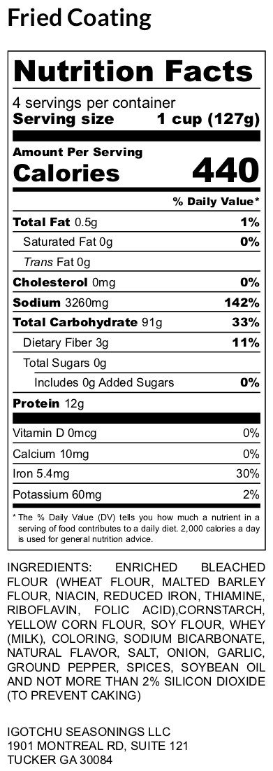 Nutrition label for Igotchu Seasonings Fried Chicken &amp; Fish Coating Mix, a flavorful seasoning and spice blend for frying.