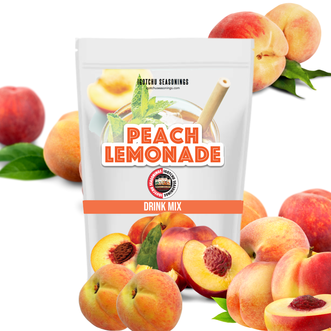 Igotchu Peach Lemonade seasoning blend in a jar, featuring peach and lemon flavor accents, perfect for adding fresh citrus taste.