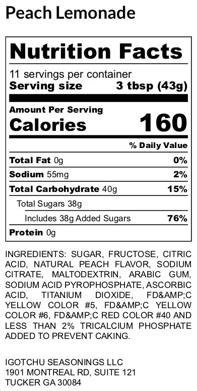 Igotchu Peach Lemonade seasoning label showing nutrition facts and branding on a product package.