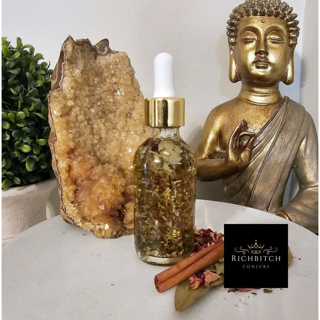 Rich Bitch Conjure Glamour Enchantment Hoodoo Oil in a dark glass bottle, labeled as beauty and attraction ritual oil.