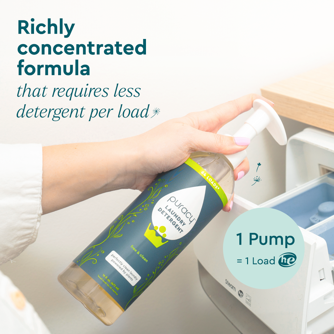 Puracy concentrated sulfate-free laundry detergent bottle with label, suitable for fresh and clean laundry.