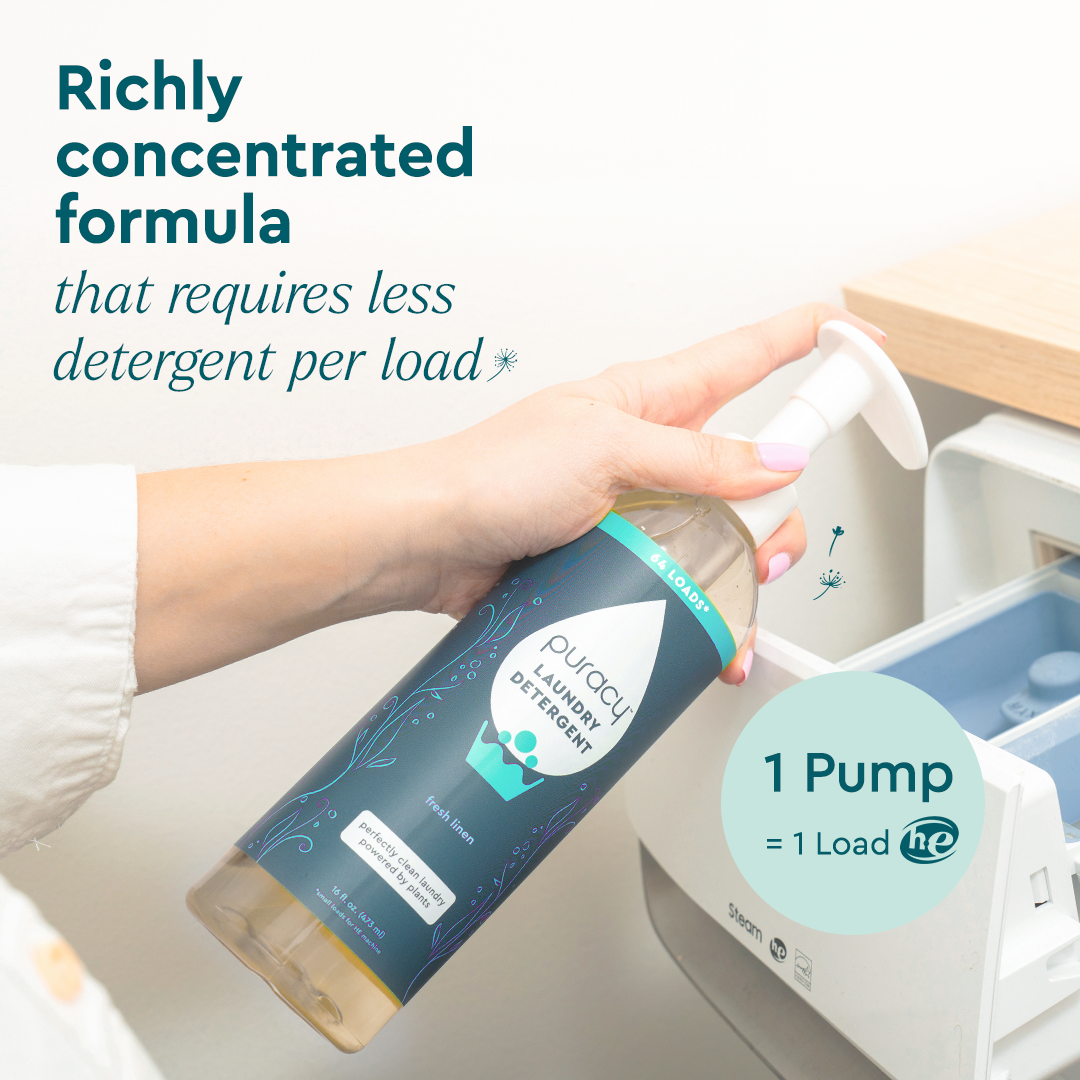 Puracy concentrated sulfate-free laundry detergent bottle with label, designed for gentle, effective cleaning of clothes.