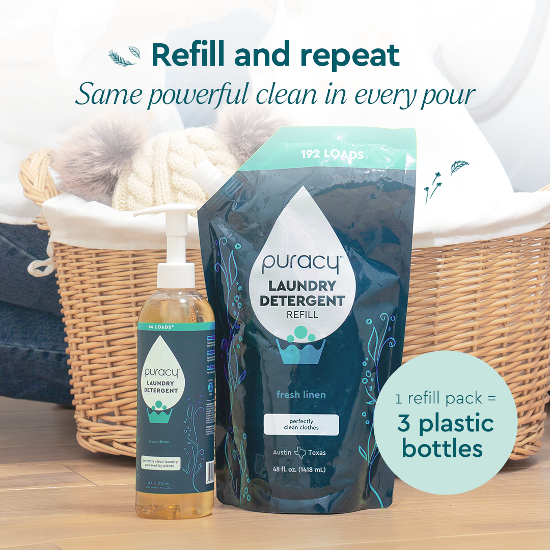 Puracy concentrated sulfate-free laundry detergent bottle with label, designed for eco-friendly, gentle laundry cleaning.