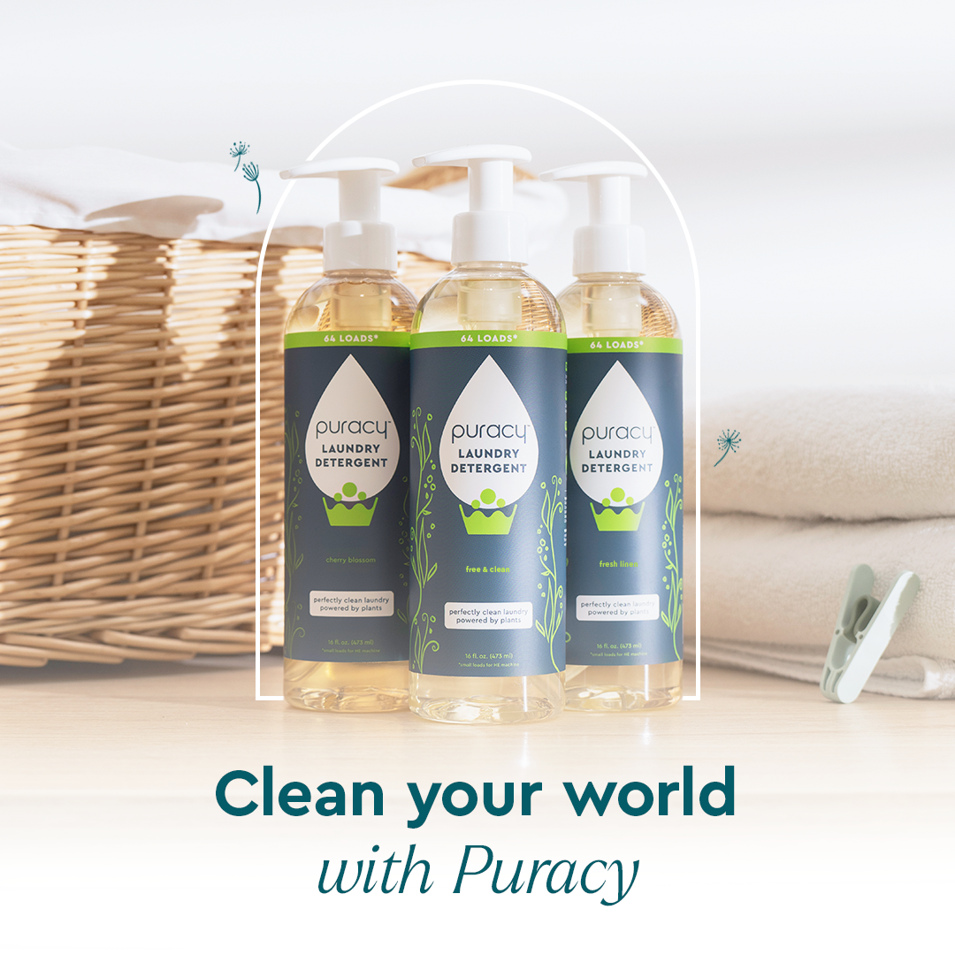 Puracy concentrated sulfate-free laundry detergent bottle with a clean label, suitable for eco-friendly laundry care.