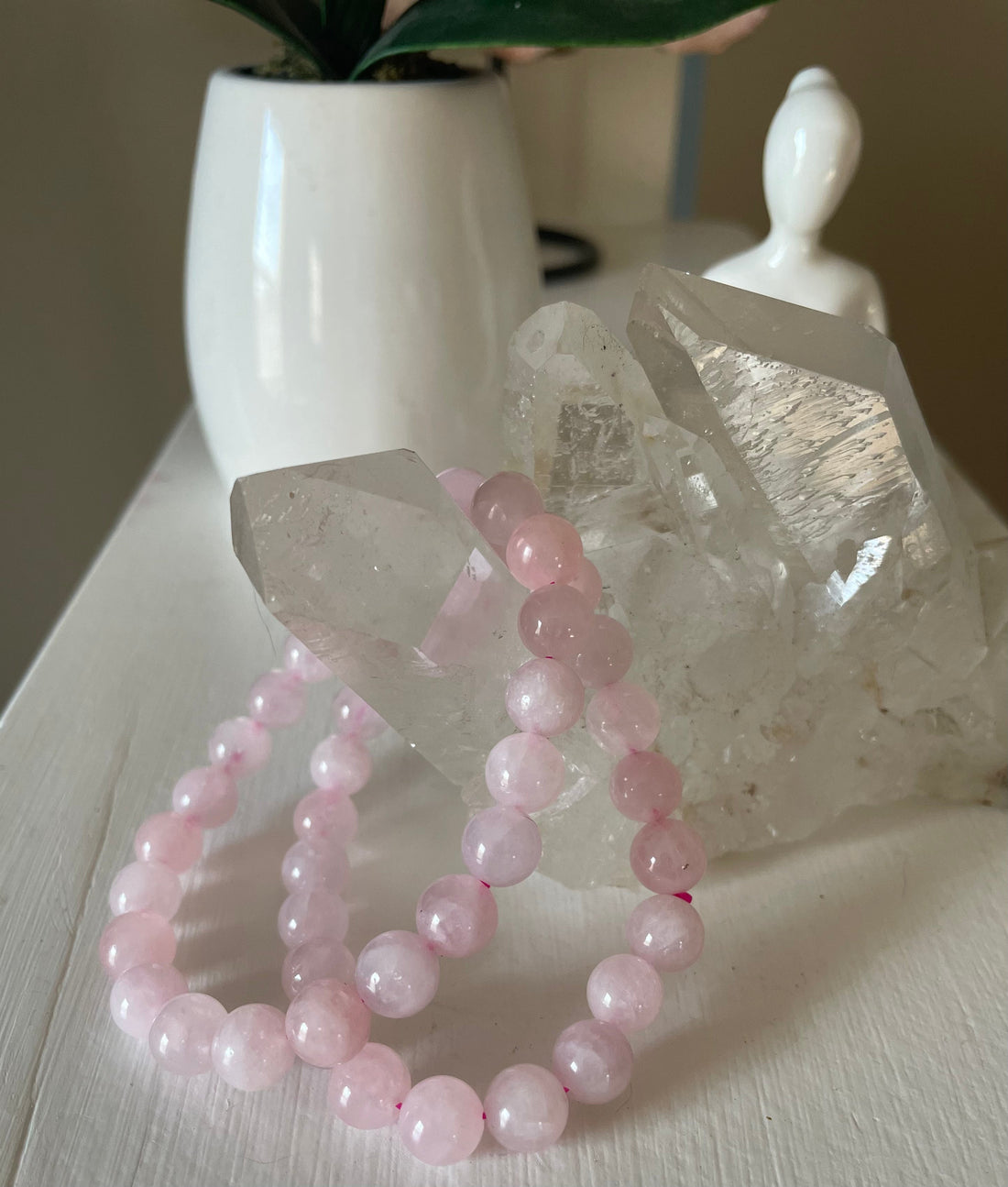 Evermore Everlasting Rose Quartz stretch bracelet with smooth pink gemstone beads on elastic cord.