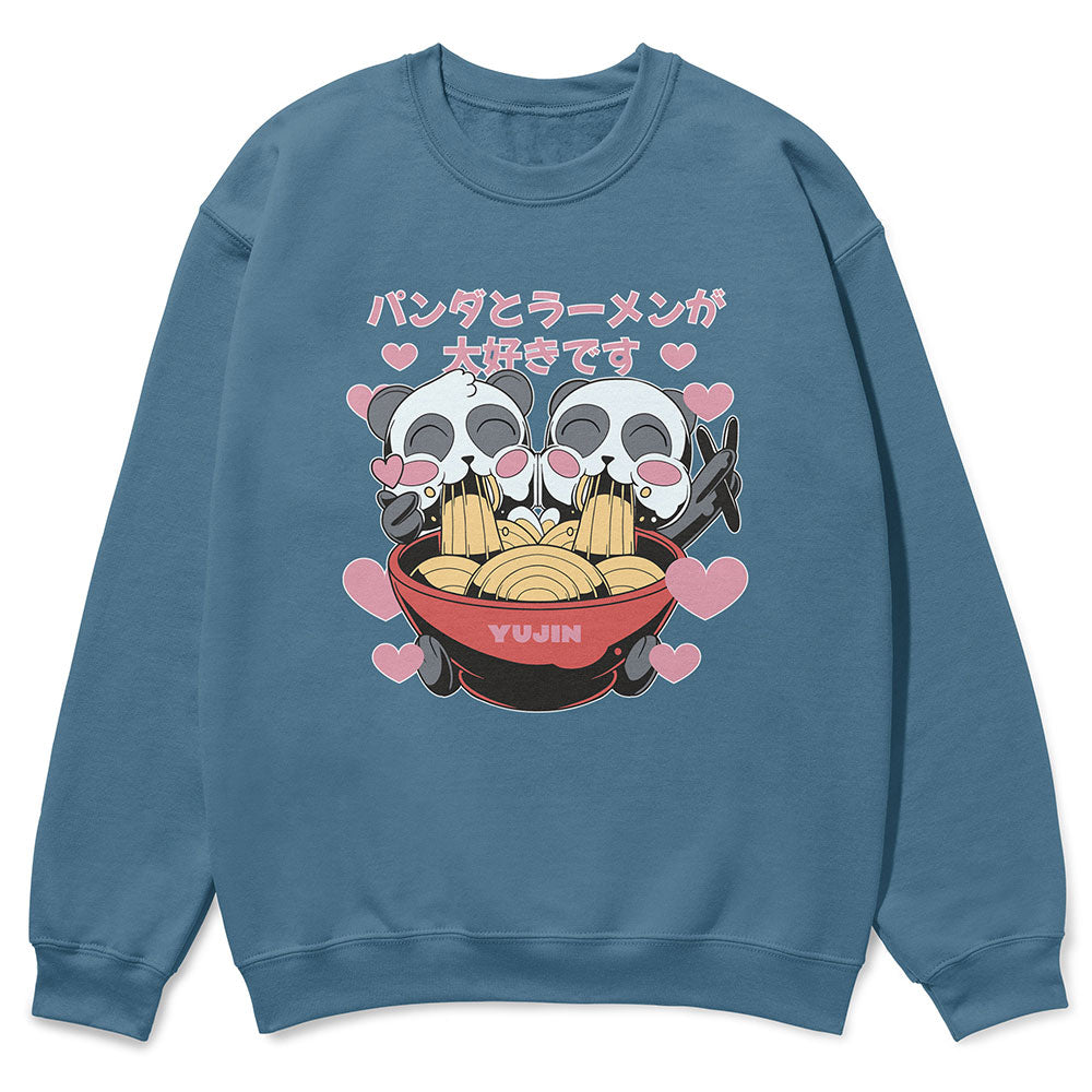 Cute Ramen Pandas sweatshirt by Yūjin Clothing featuring playful panda and ramen noodle design on soft fabric.