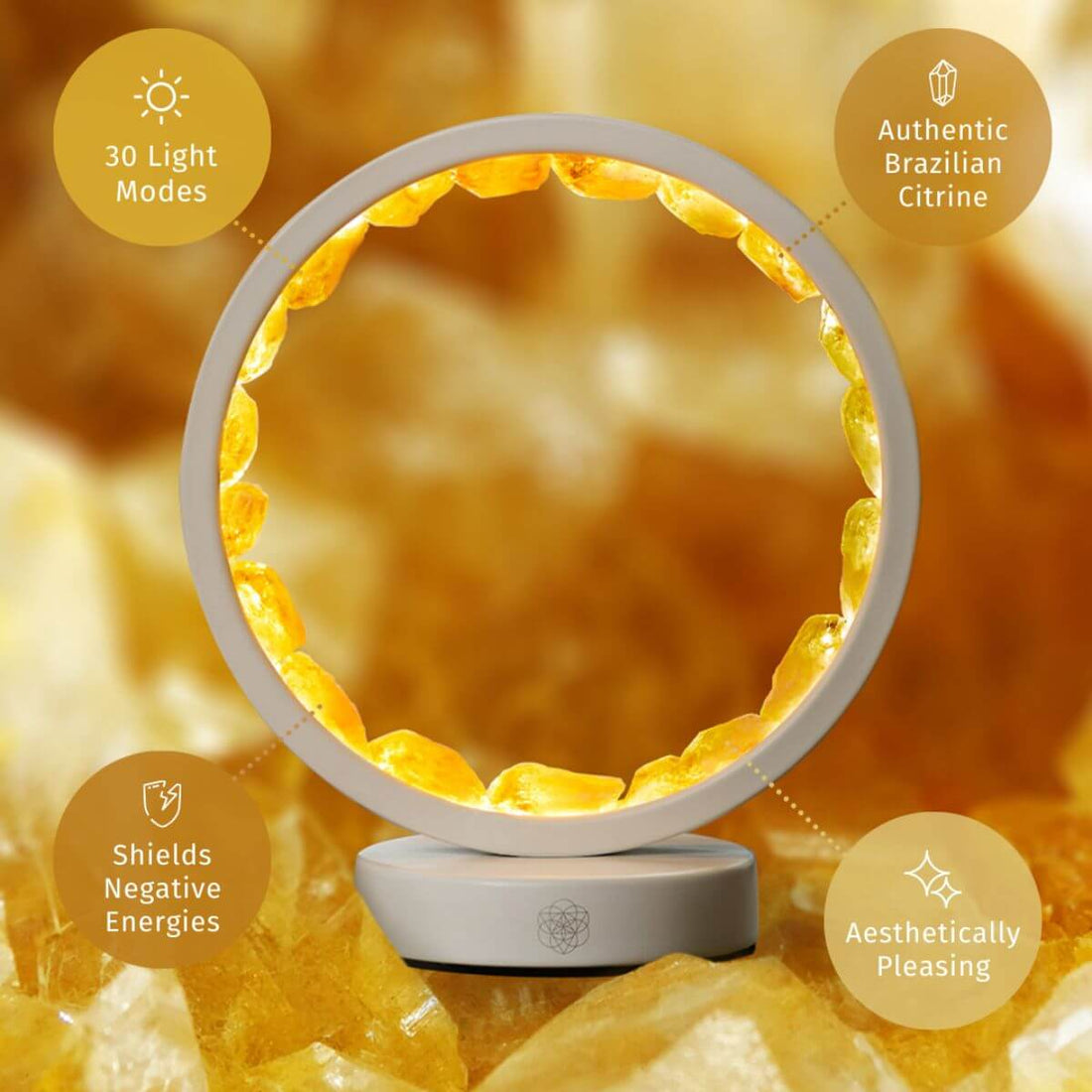 Citrine lamp of manifestation night light by Conscious Items, glowing with warm amber light for positive energy and abundance.