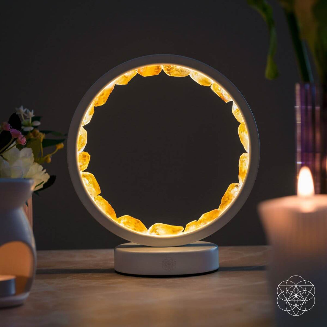 Citrine lamp night light with an infinity symbol design, promoting abundance and manifestation, by Conscious Items.