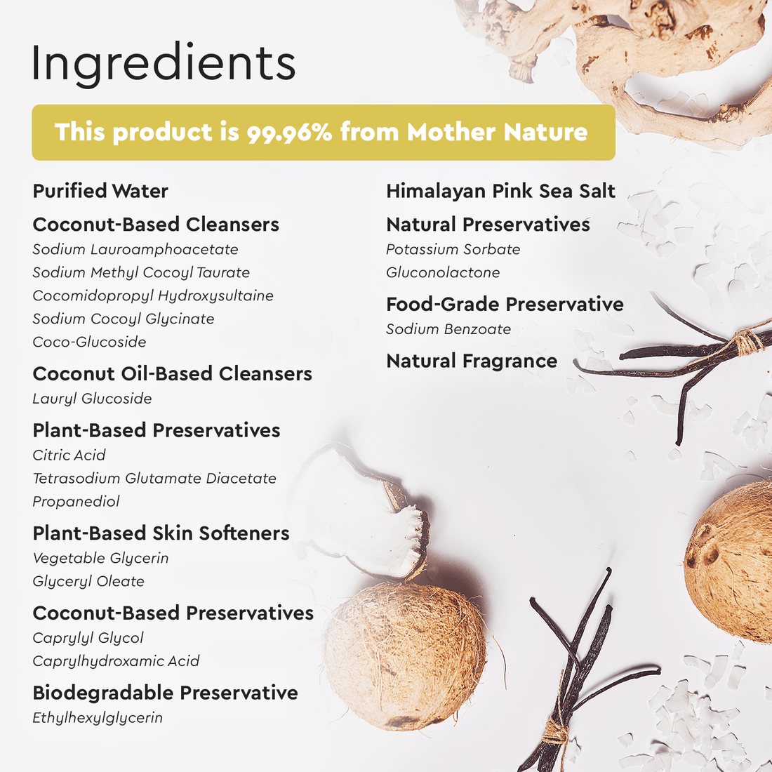 Puracy acidified, pH balanced body wash with natural ingredients, shown with ingredient list on a white background.