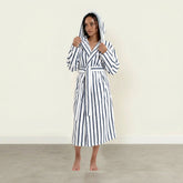 Unisex navy striped Ultraplush Australian cotton bathrobe by Italic, featuring a soft collar and waist tie for comfort.