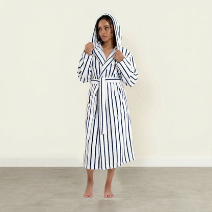 Unisex navy striped Ultraplush Australian cotton bathrobe by Italic, featuring a soft collar and waist tie for comfort.