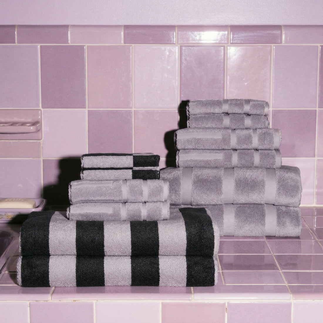 Set of Shadmoor Australian Cotton Bath Towels in Lilac and Capri by Italic, displayed together on a clean bathroom setting.