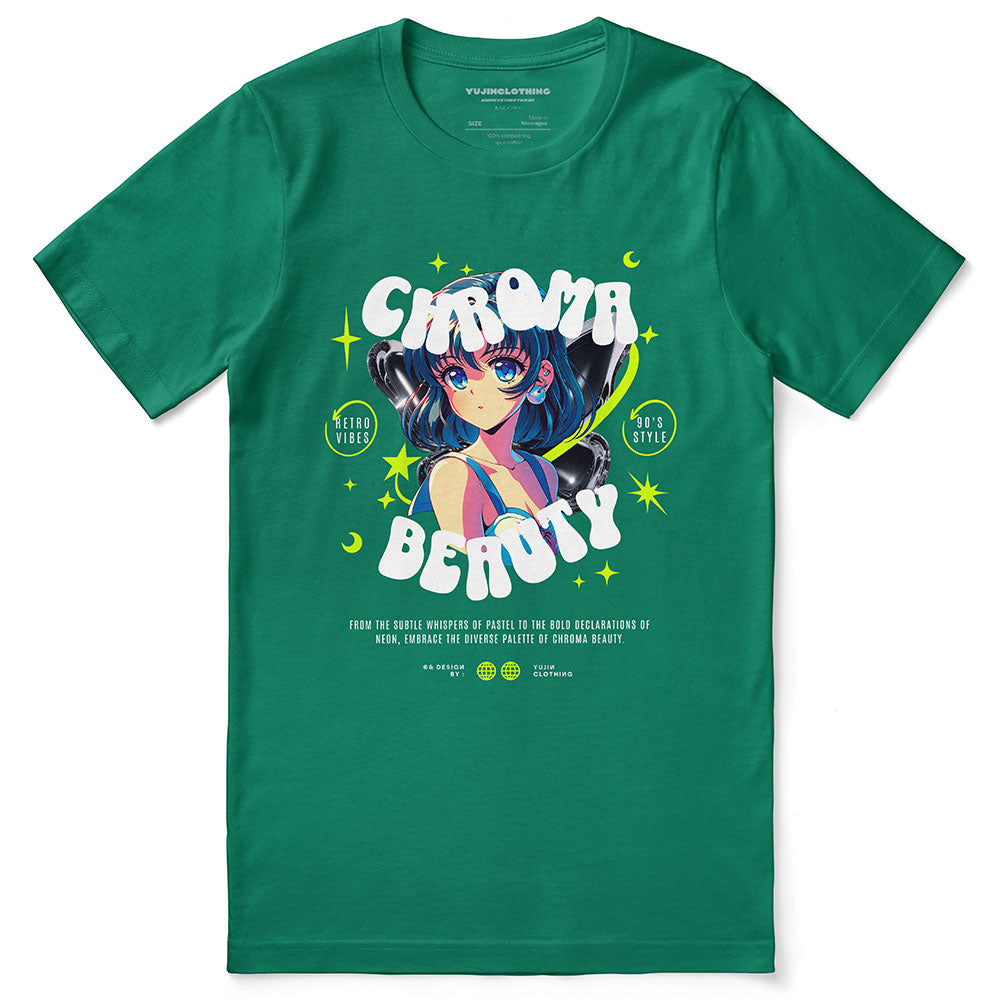 Yūjin Clothing Chroma Beauty T-Shirt featuring vibrant colors and a stylish fit, displayed flat on a white background.