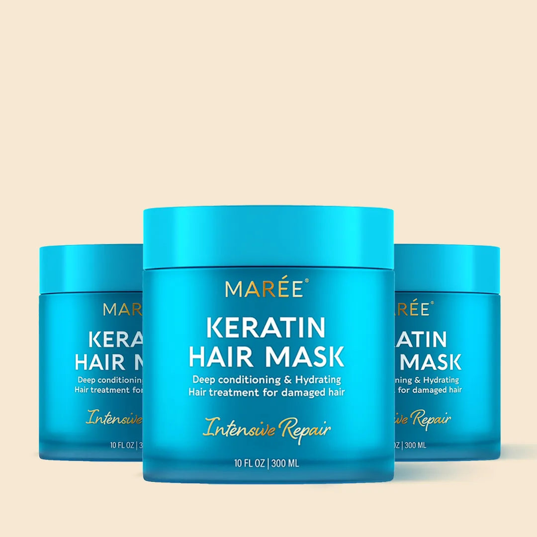 Maree Keratin Hair Mask for damaged hair, creamy treatment in a jar with smooth texture and applied to hair strands.
