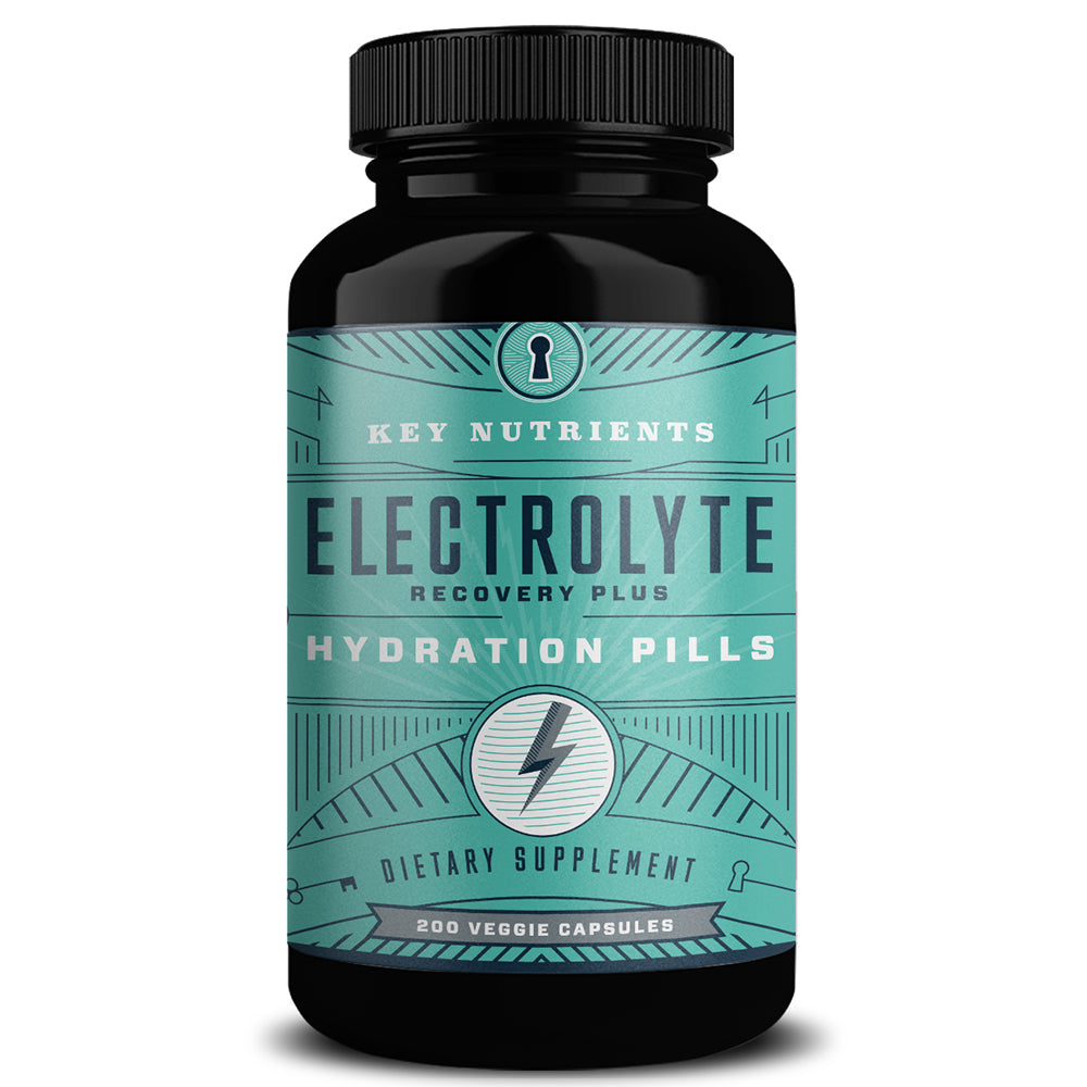 Key Nutrients electrolyte hydration pills in capsule form, showing front view of the supplement bottle with capsules inside.