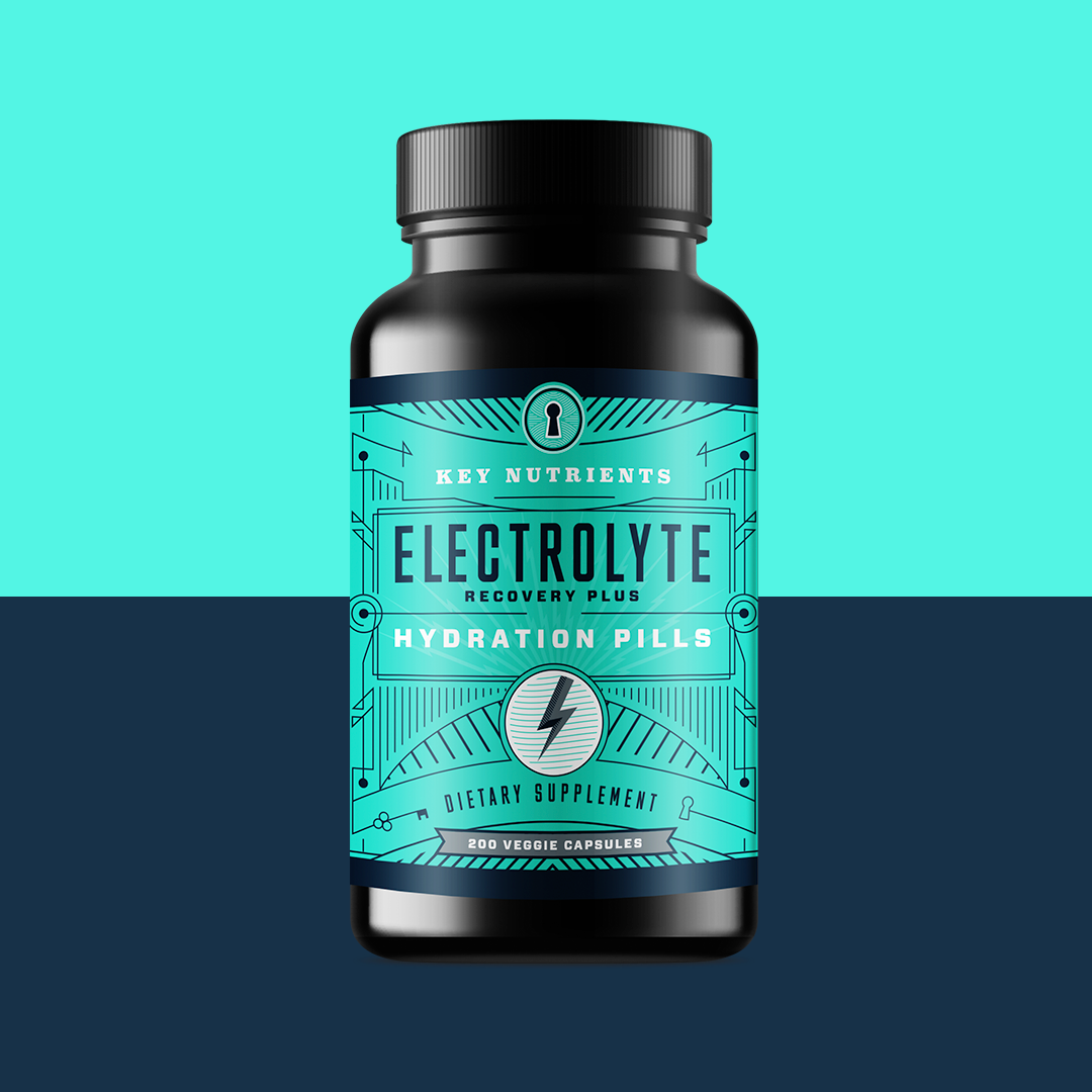 Key Nutrients electrolyte hydration pills in capsule form, showing a close-up of the supplement bottles and capsules.