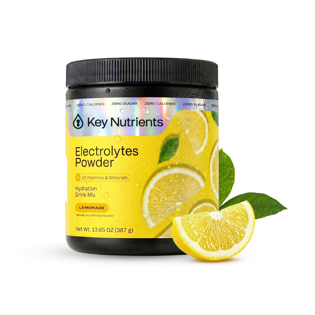 Lemonade-flavored Key Nutrients Electrolyte Recovery Plus Powder in a scoop, sugar-free electrolyte supplement for rehydration.