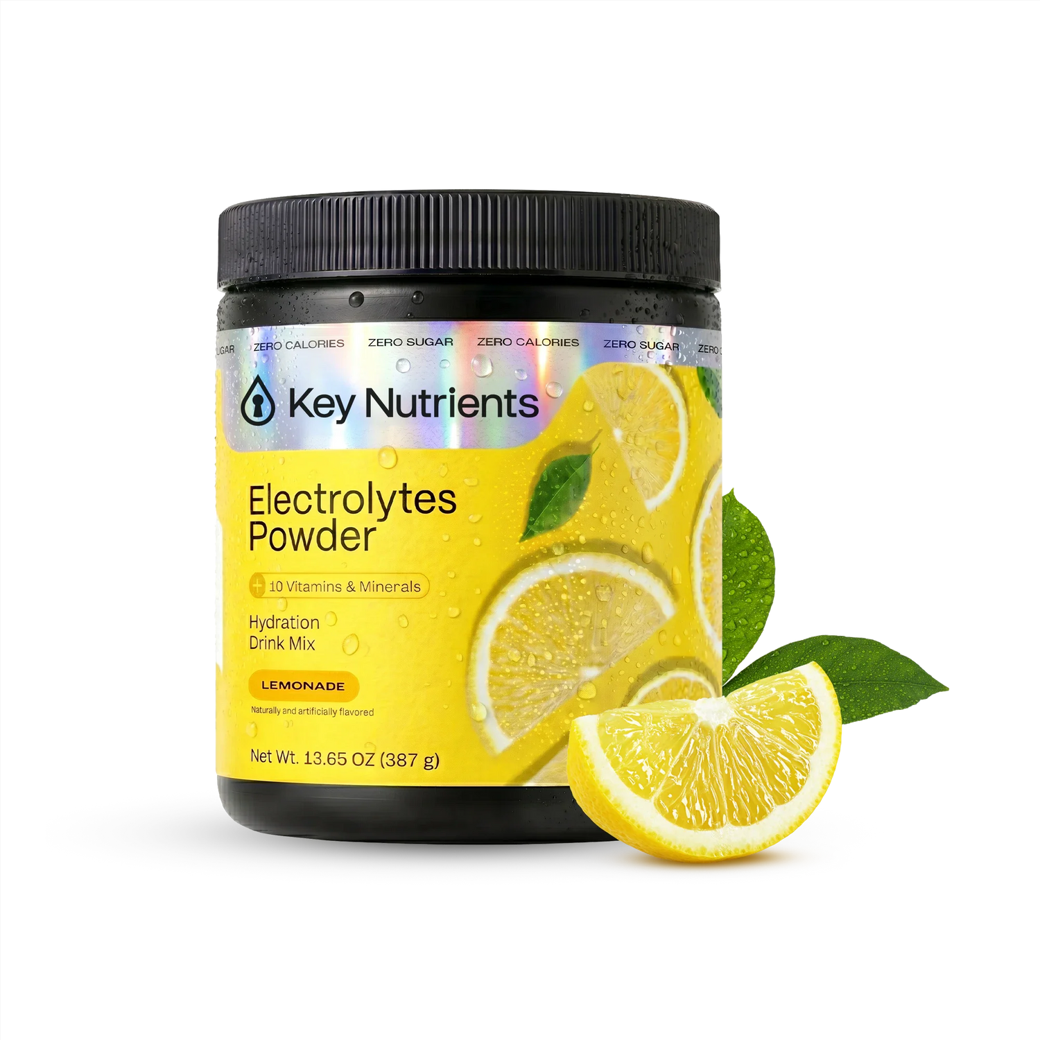 Lemonade-flavored Key Nutrients Electrolyte Recovery Plus Powder in a scoop, sugar-free electrolyte supplement for rehydration.