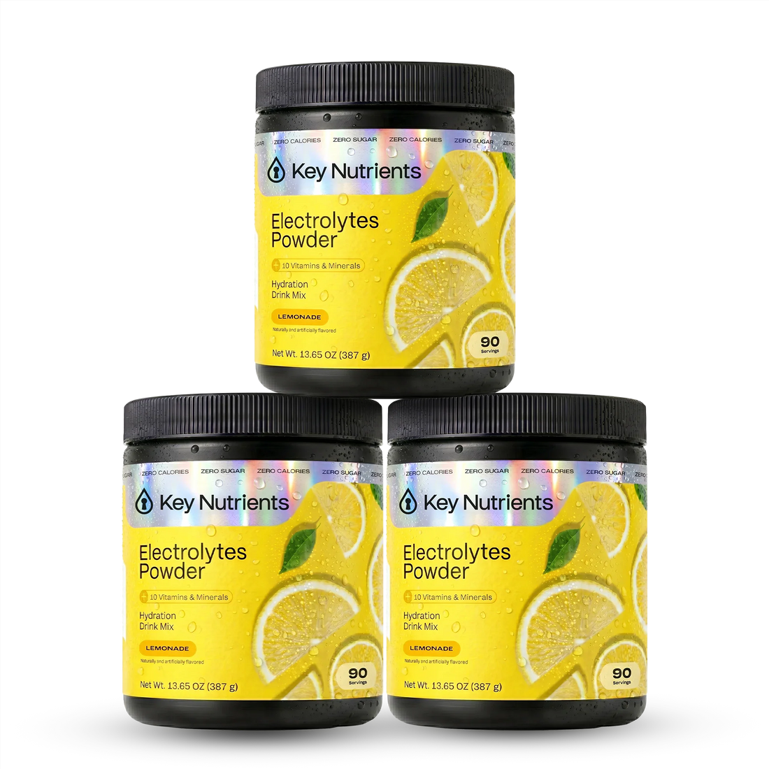Key Nutrients Electrolyte Recovery Plus Powder in lemonade flavor, sugar-free electrolyte mix with lemon slices and powder in a container.