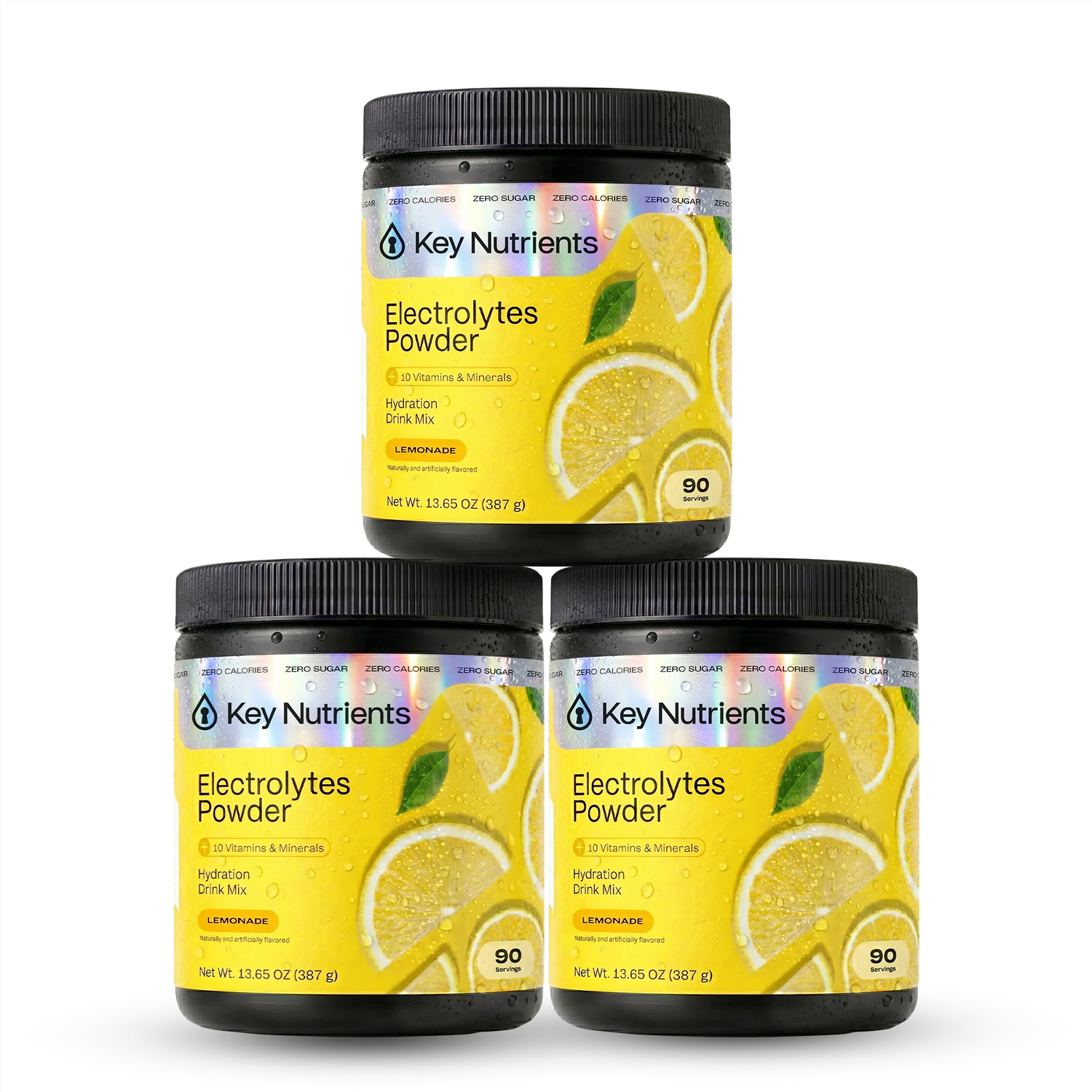 Key Nutrients Electrolyte Recovery Plus Powder in lemonade flavor, sugar-free electrolyte mix with lemon slices and powder in a container.