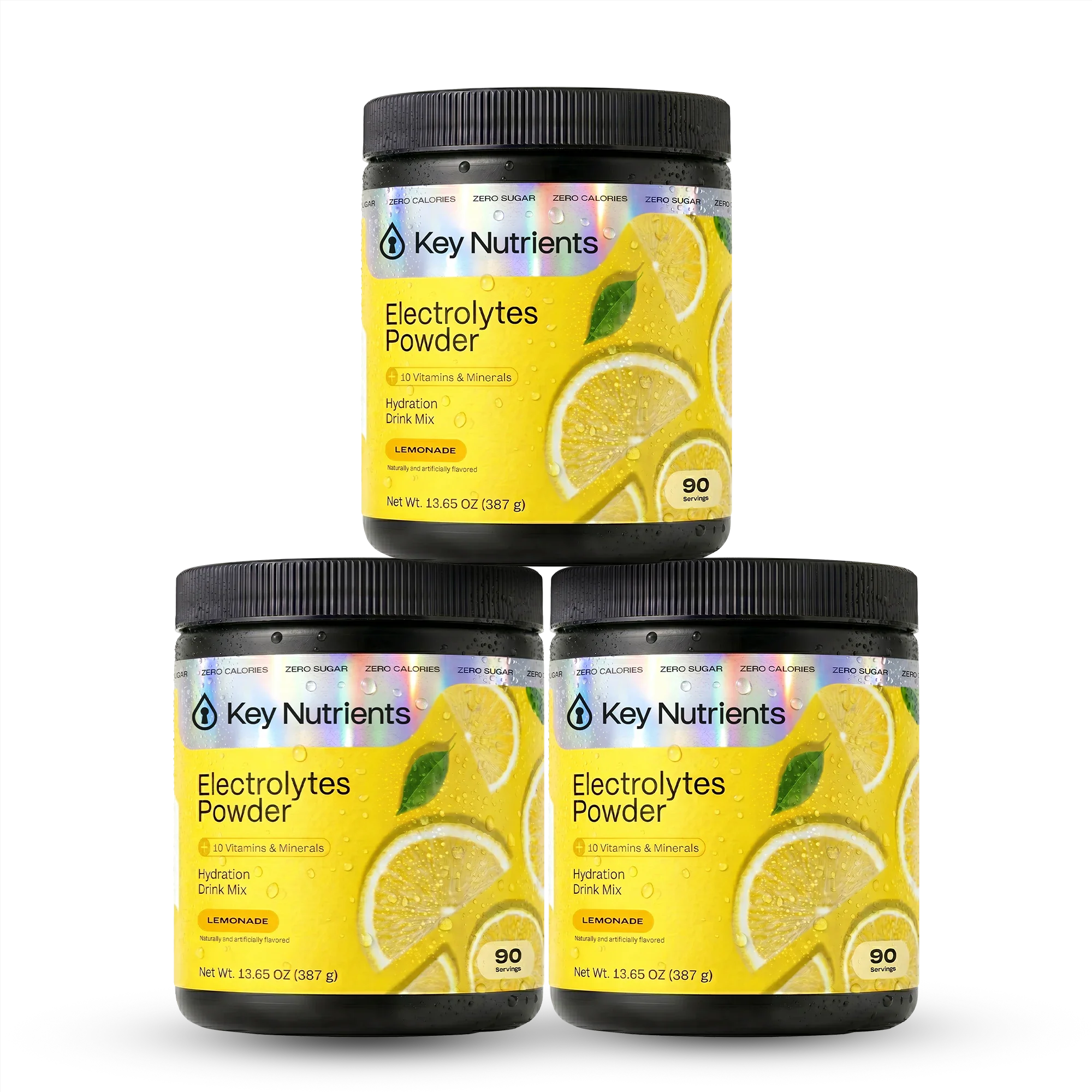 Key Nutrients Electrolyte Recovery Plus Powder in lemonade flavor, sugar-free electrolyte mix with lemon slices and powder in a container.