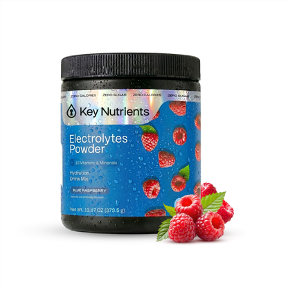 Blue raspberry electrolyte recovery powder by Key Nutrients, sugar-free electrolyte supplement in a vibrant blue container.