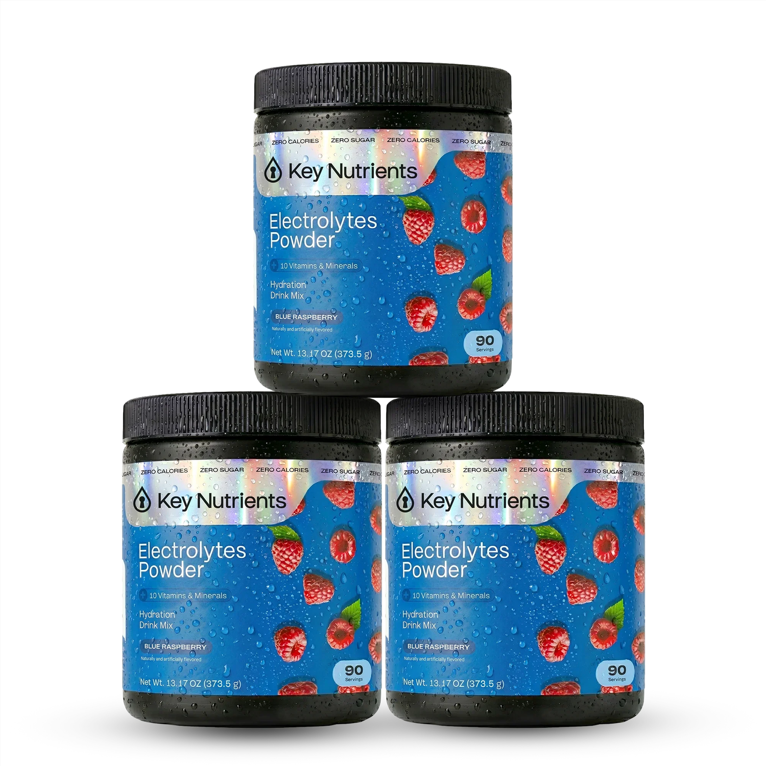 Blue raspberry electrolyte recovery powder by Key Nutrients in sugar-free formula, shown in a container with a scoop.