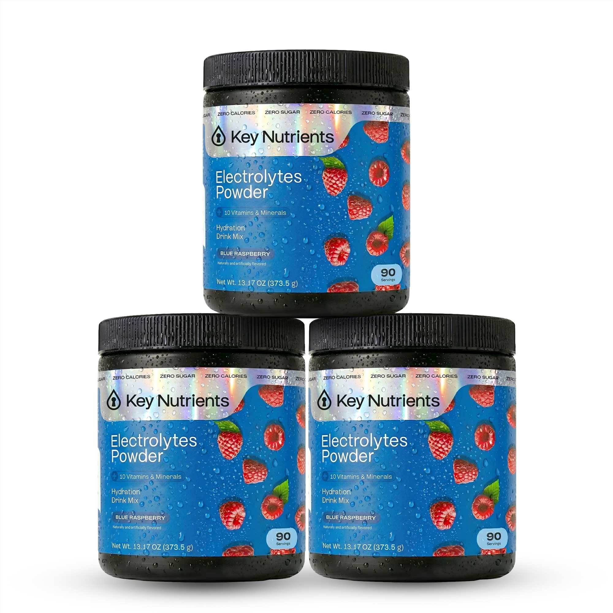 Blue raspberry electrolyte recovery powder by Key Nutrients in sugar-free formula, shown in a container with a scoop.