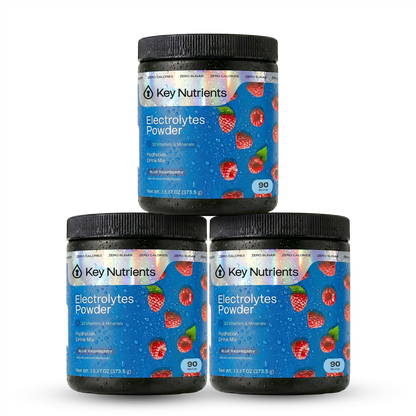 Blue raspberry electrolyte recovery powder by Key Nutrients in sugar-free formula, shown in a container with a scoop.