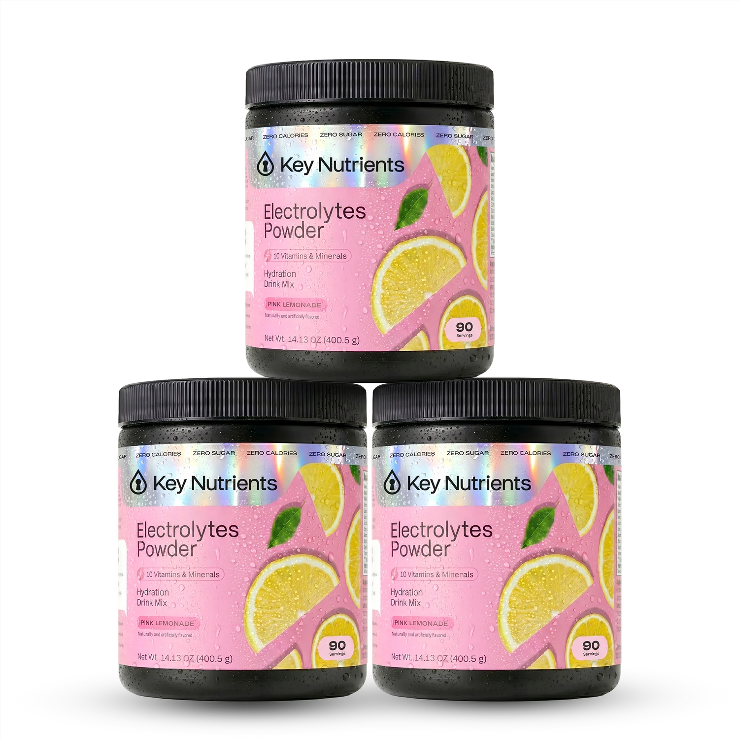Pink lemonade flavored Key Nutrients Electrolyte Recovery Plus Powder in a pink container, sugar-free electrolyte supplement for hydration.