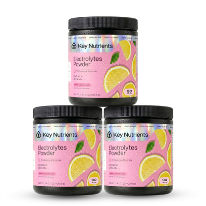 Pink lemonade flavored Key Nutrients Electrolyte Recovery Plus Powder in a pink container, sugar-free electrolyte supplement for hydration.