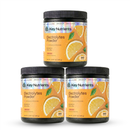 Orange Key Nutrients Electrolyte Recovery Plus Powder in a container, sugar-free electrolyte supplement for hydration.