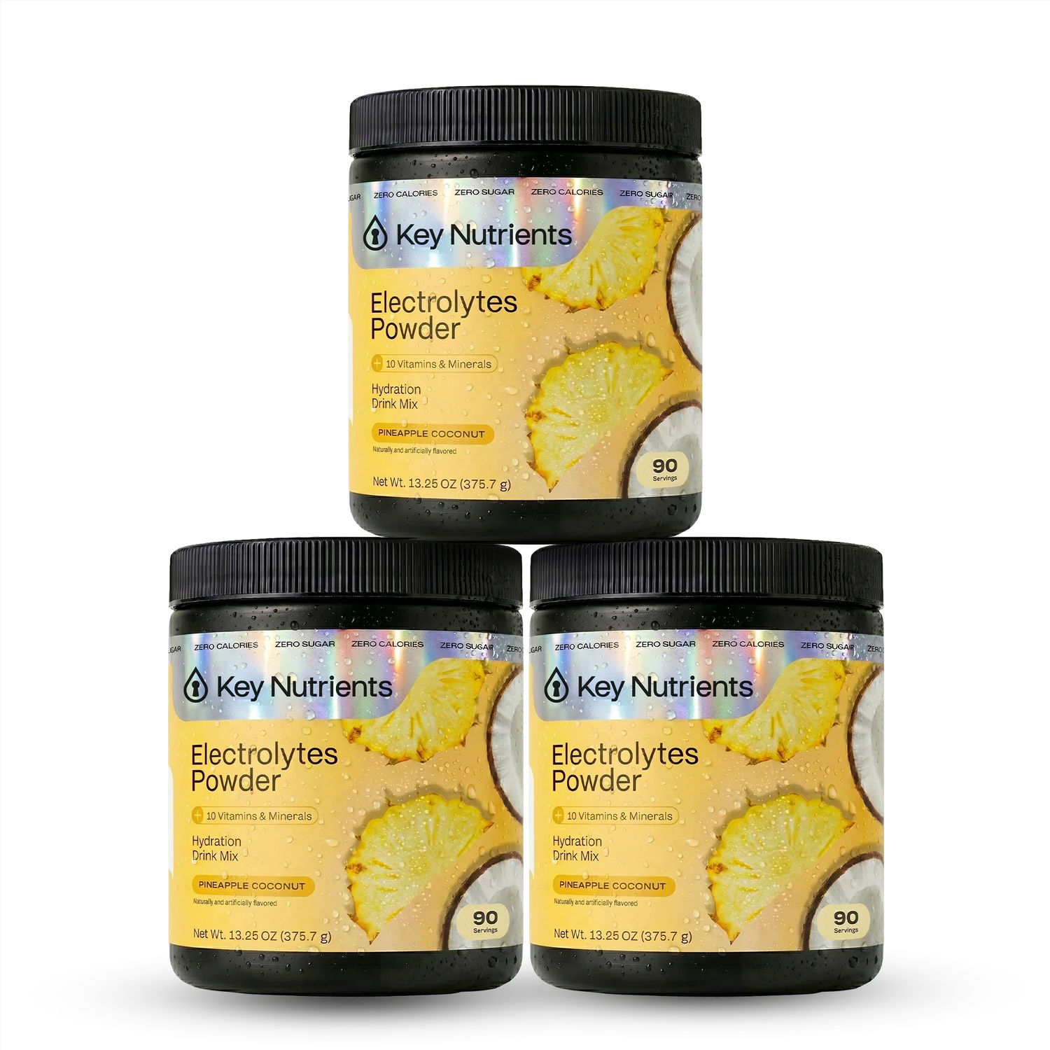 Key Nutrients Electrolyte Recovery Plus Powder in pineapple coconut flavor, sugar-free electrolyte mix with tropical fruit ingredients.